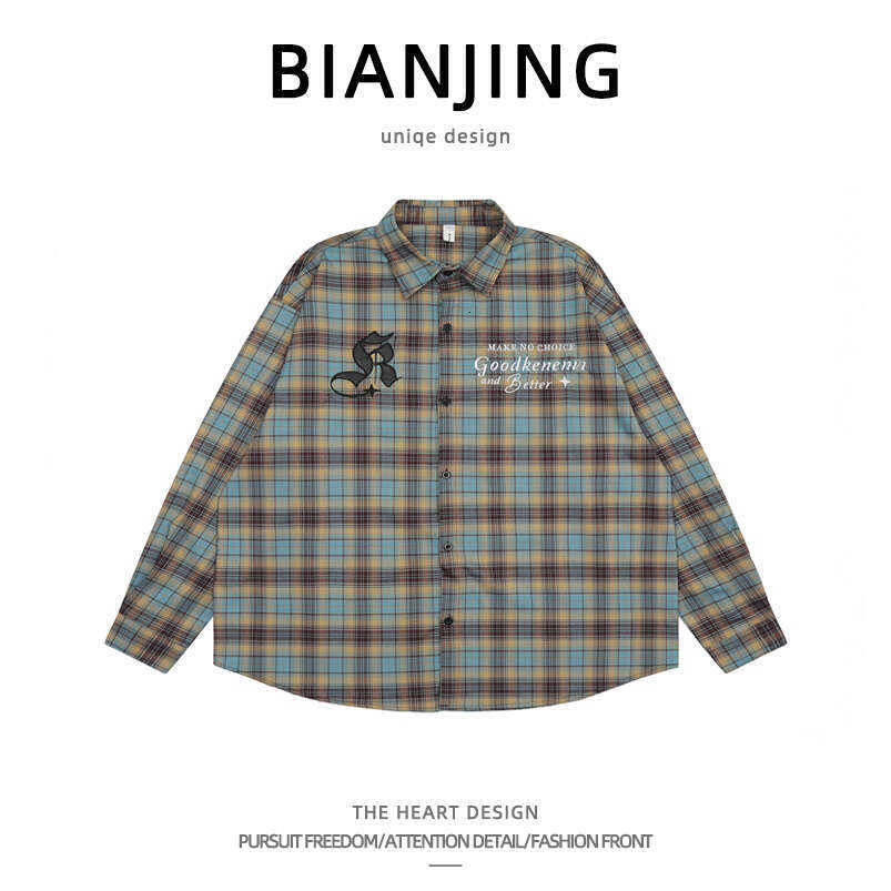shanshi Men's shirts China-Chic American plaid shirt men's embroidery design sense personality long sleeve men and women versatile handsome 