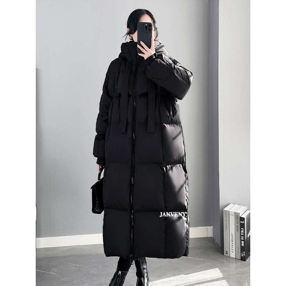 Janveny 2024 New Winter Hooded Over The Knee Puffer Coat Women Thicken Warm Long Sleeve White Duck Down Jacket Waterproof Parka