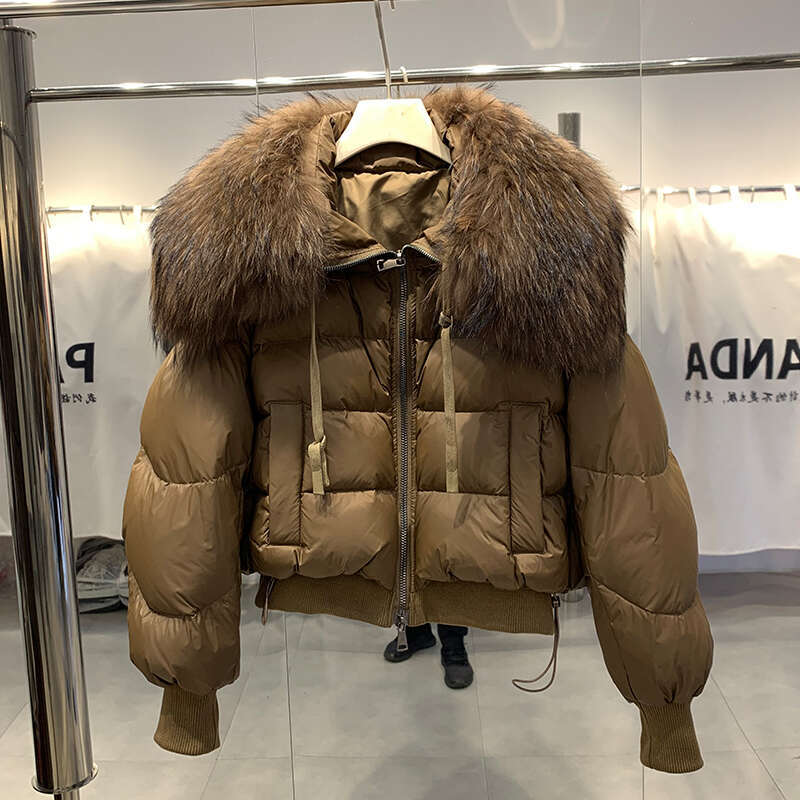 Lagabogy 2024 Winter Puffer Jacket Women Thick Warm Short Parkas Real Natural Raccoon Fur Female Loose 90% White Duck Down Coat