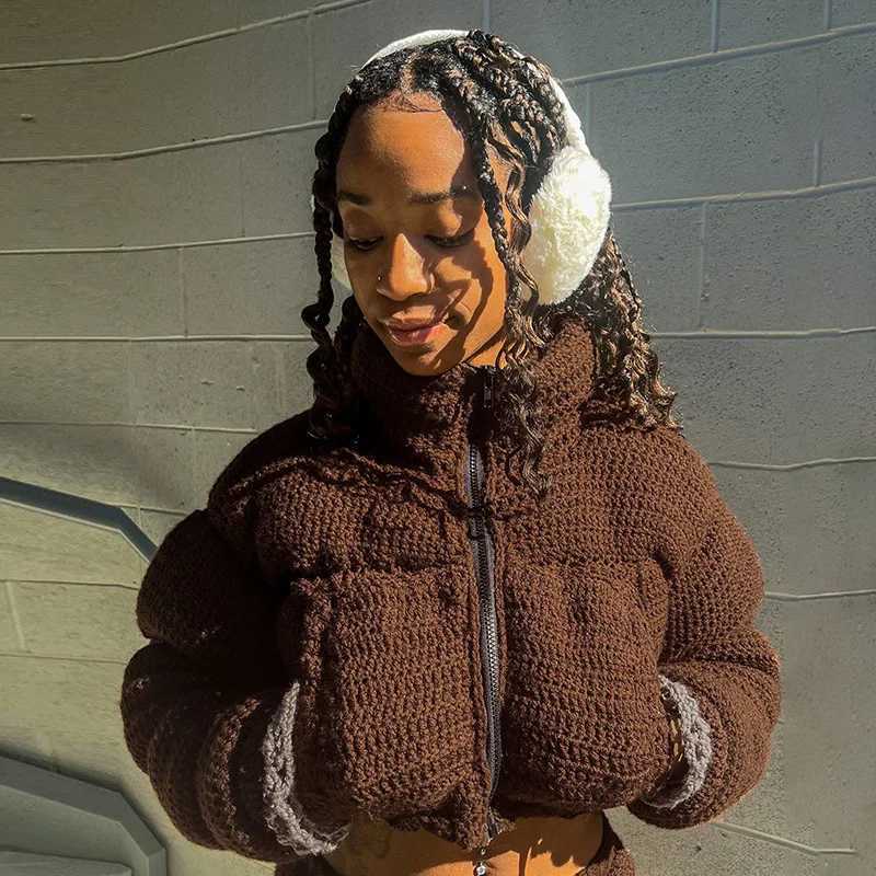 Women's Down Parkas Fashion Cute Women Knitted Sweater Puffer Jacket Winter Knit Warm Thick Bubble Coats Stand Collar Zipper Crop Jacket Parkas D