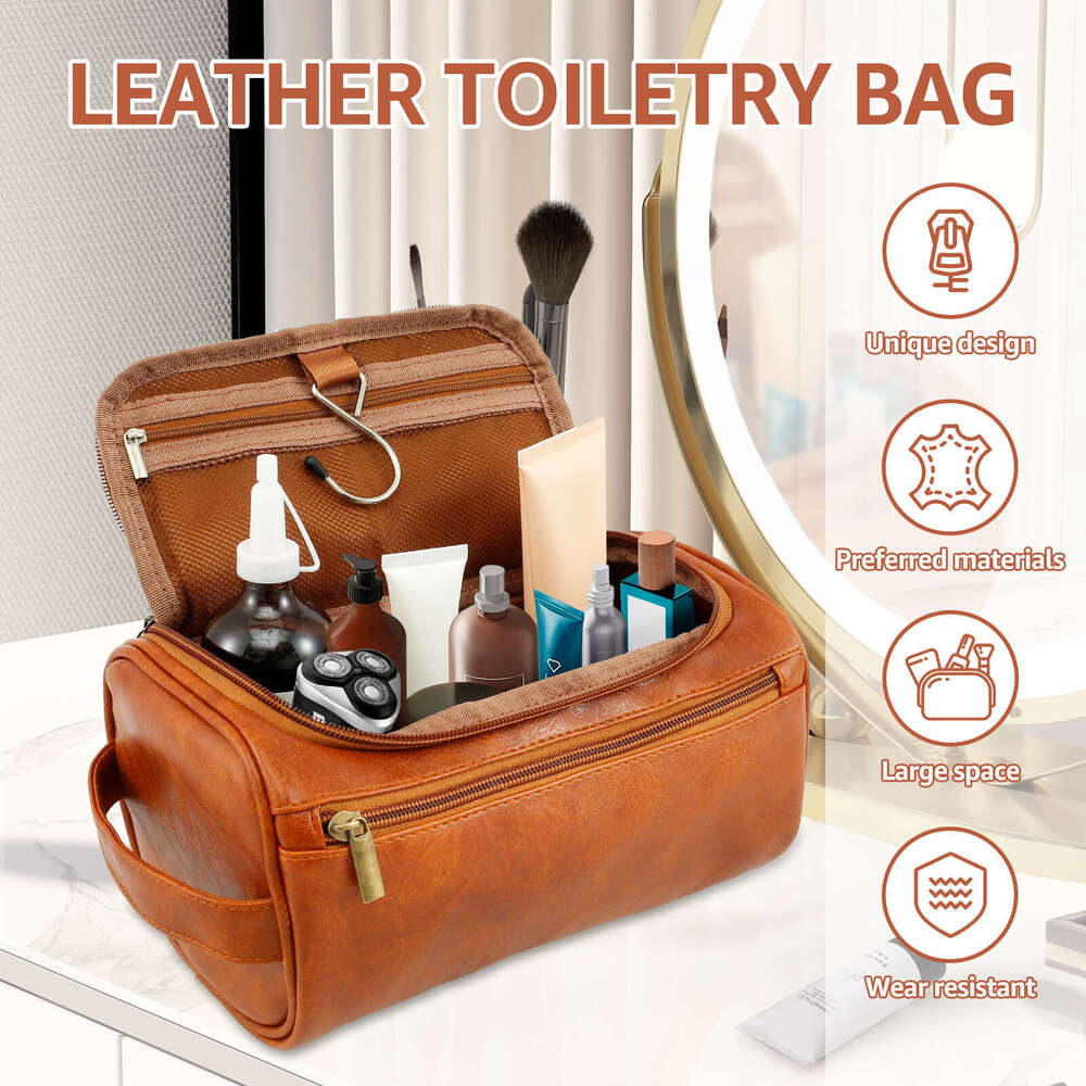 1Pcs Travel Toiletry Bag For Men Leather Water Resistant Toiletries Organizer With Handle Versatile Cruise Ship Essentials