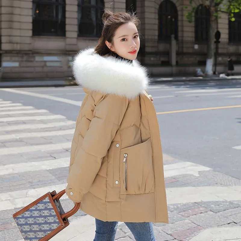 2023 New Women Down Cotton Coat Winter Jacket Female Mid Length Version Parkas Thick Warm Outwear Hooded Fur Collar OvercoatX241019