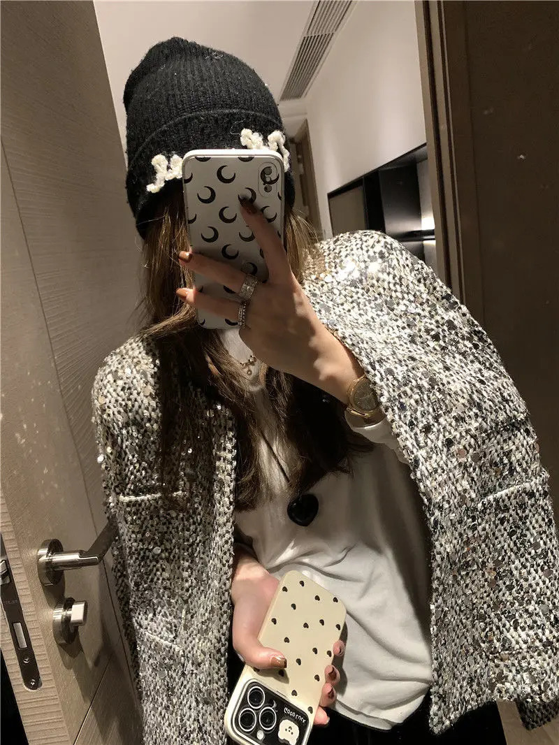 Short Coat Top Tweed Heavy Industry Sequins Jacket Women Clothes Chaquetas Para Mujer Ropa Korean Chic Loose Roupas Femininas 241019
