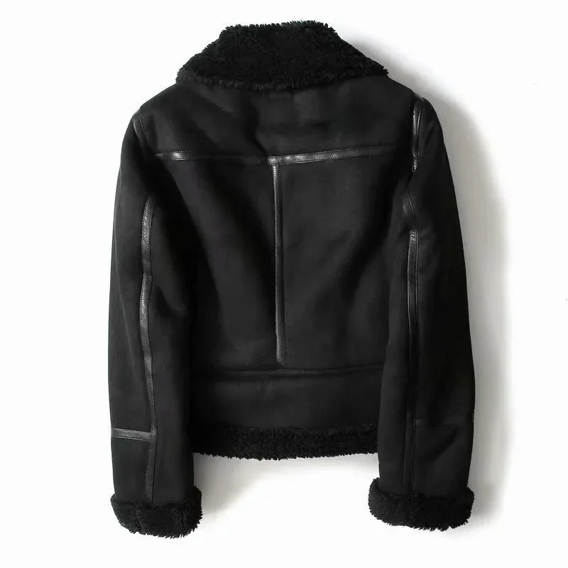 mens winter thick warm suede sheepskin jacket short motorcycle brown jacket artificial wool sheepskin jacket 241007