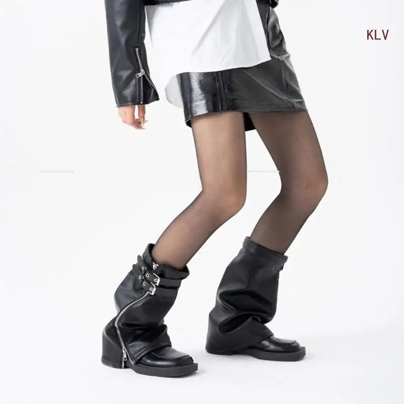 Y2K Punk Black PU Leather Leg Heater Harajuku Motorcycle Leg Cover with Eye Strap and Zipper Womens Flash Socks 241018