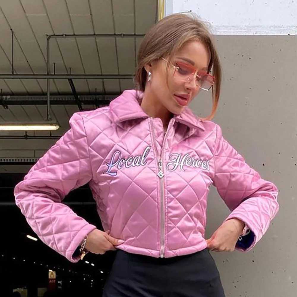 Women's Down Parkas Autumn Y2K Style Women Satin Check Jackets Letter Embroidery Turn Down Collar Outwear Coats Swt Cool Mujer Crop Jacket Y24101