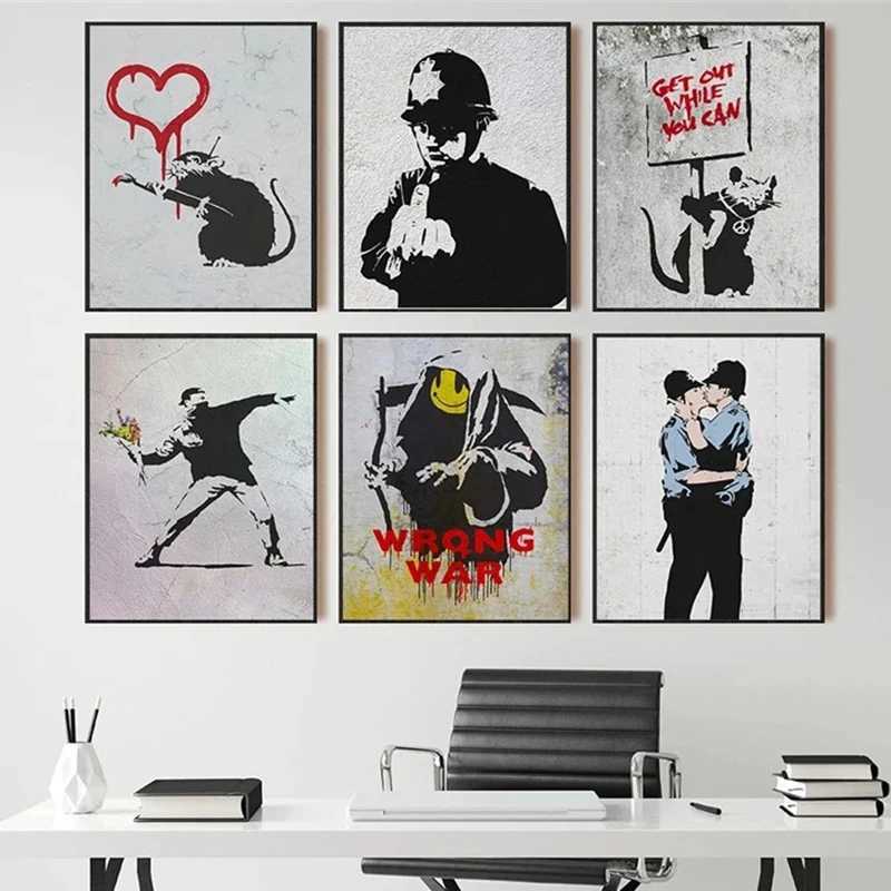 Banksy Graffiti Artwork Canvas Painting Prints Wall Art Pictures Girl with Red Balloon Black White Posters Nordic Home DecorXJ241016