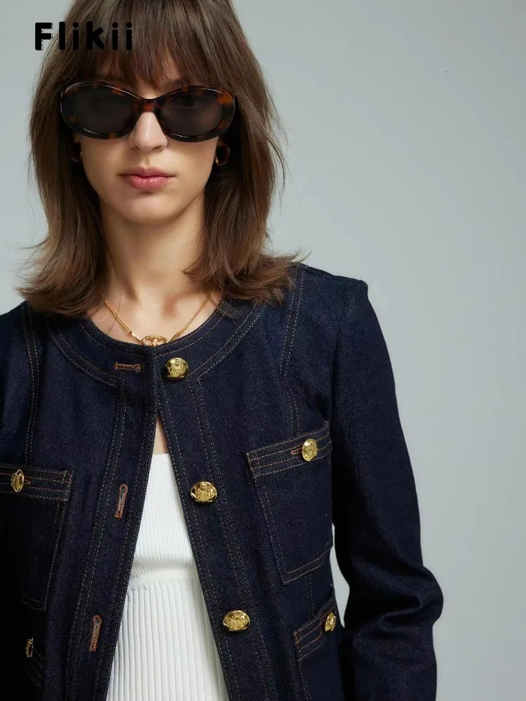 Womens French Single Breasted Loose Y2K Coat Autumn Casual Baggy Washed Round Neck Retro Old Money Style Denim Jacket 241010