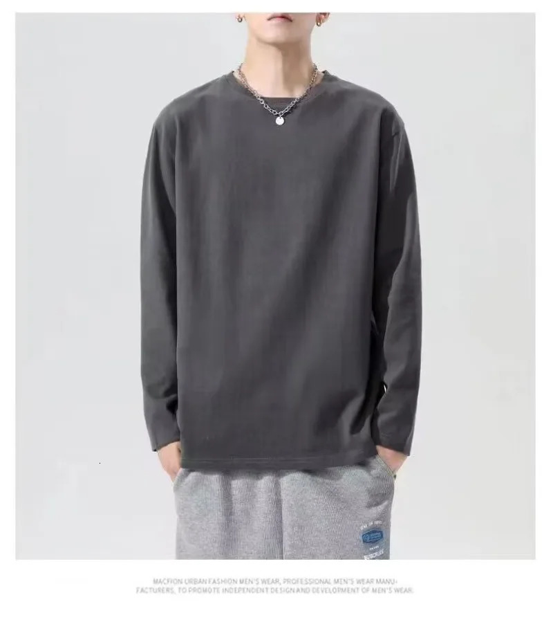 Autumn long sleeved mens T-shirt cotton round neck solid color casual Japanese clothing loose and breathable mens T-shirt top 241018