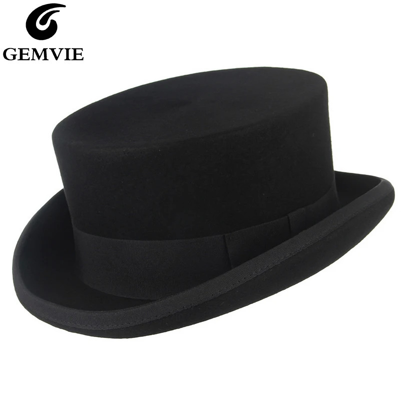 GEMVIE 11cm 100% wool felt mens top hat cylindrical top hat crazy hat party costume Fedora Derby magic hat 241018