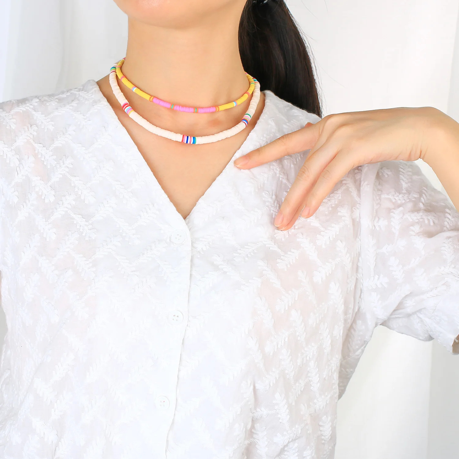 KELITCH Bohemian Womens Necklace Heishi Beaded Necklace Handmade Rainbow Color Necklace Polymer Clay Fashion Jewelry Wholesale 241018