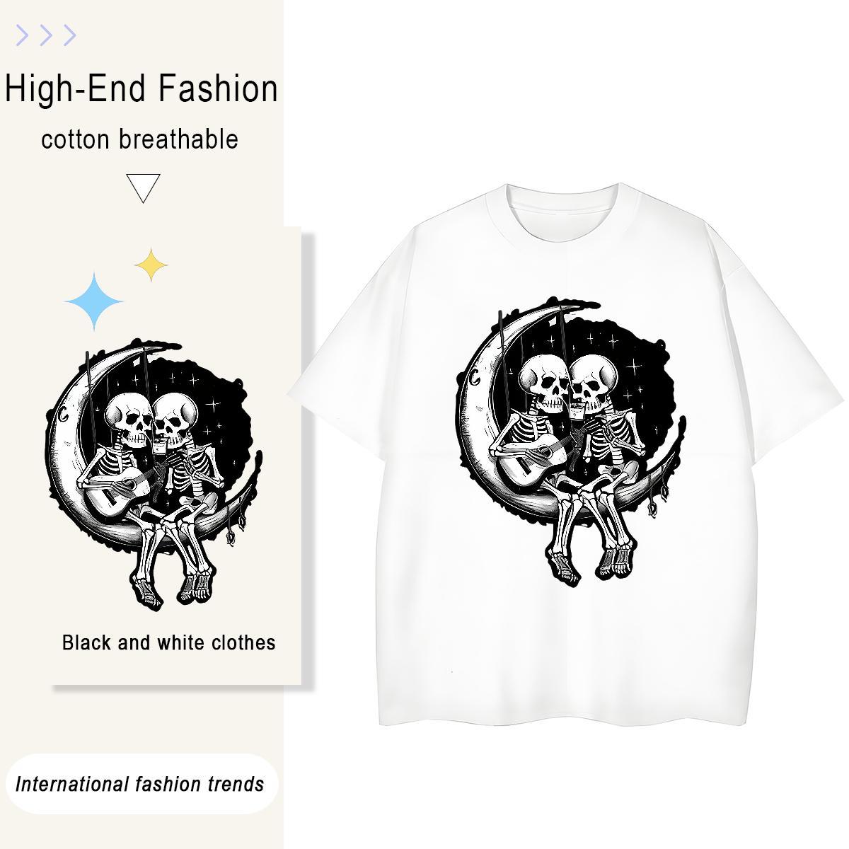 Fashion Women T Shirts 230g Cotton Breathable Spring Summer moon Unisex Tshirts Popular Black White Clothes Shirt