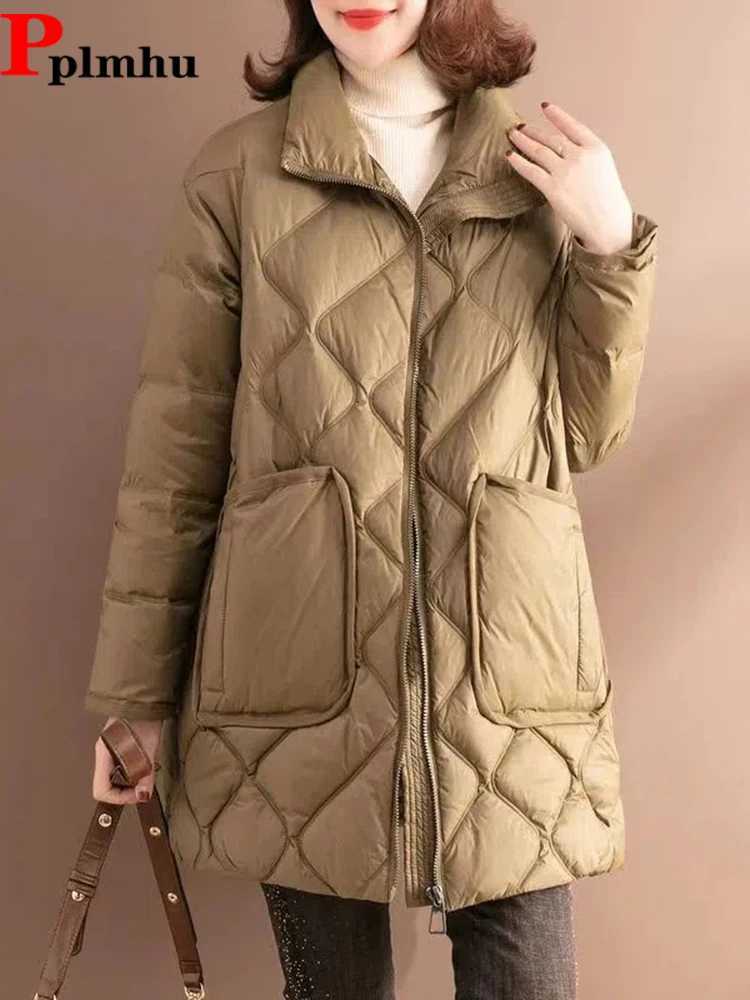 Oversized Lightweight Down Cotton Coats Winter Loose Mid-length Casual Basic Jaqueta Tops Korea Warm Classic Big Pocket JacketsX241019