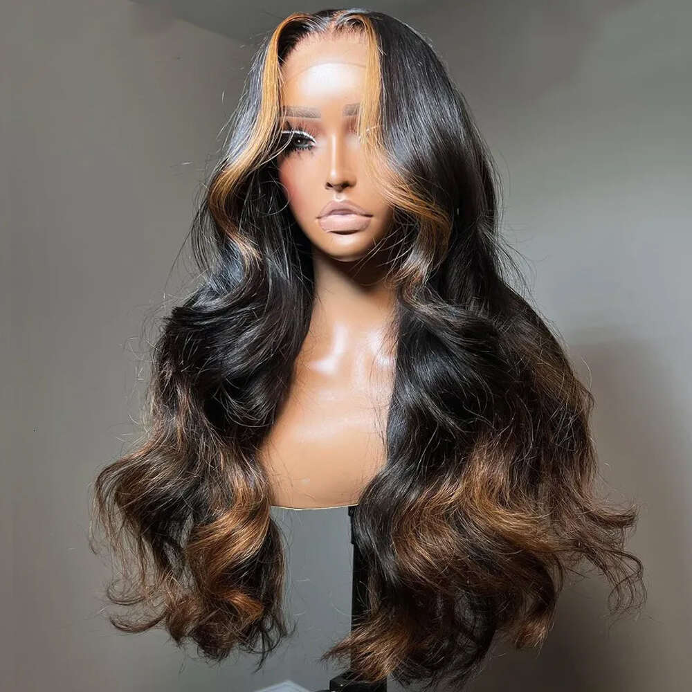 Highlights 30# Body Wave 13x4 Front Black Wig with Brown Color 13x6 Lace Frontal Human Hair Wigs For Women 30 Inch
