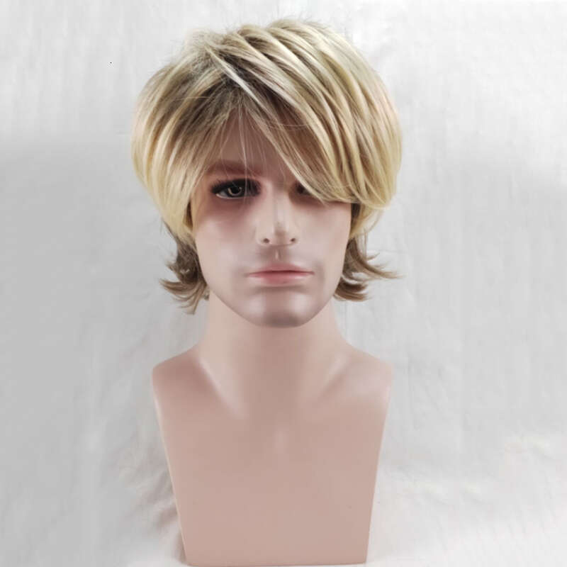 HAIRJOY Synthetic Hair Male Short Curly Wig Heat Resistant Fiber with Bangs Brown Blonde Mixed Wigs for Man