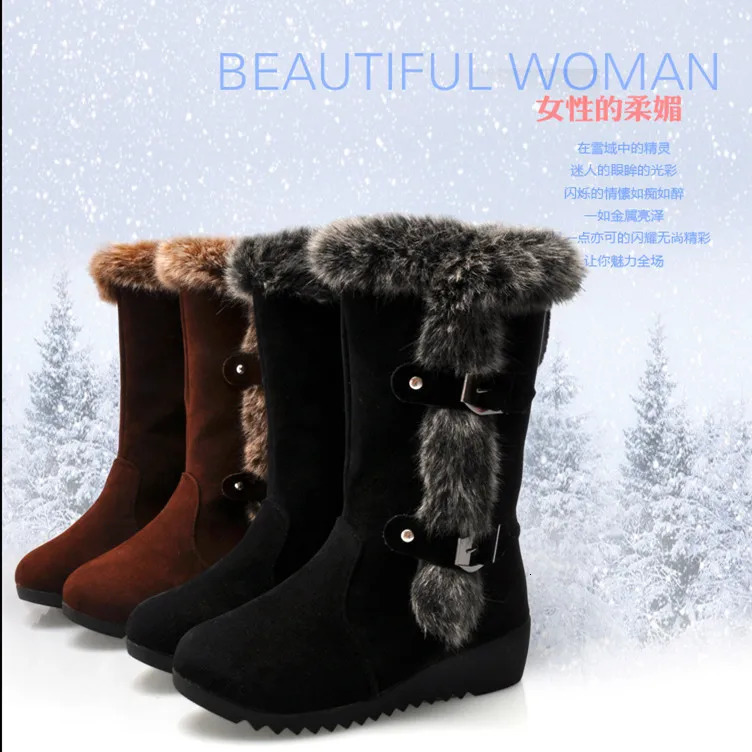 Winter Womens Boots Casual Warm Fur Mid calf Boots Womens Skating Shoes Round Toe Wedge Snow Boots Inkless Plus Size 42 241018