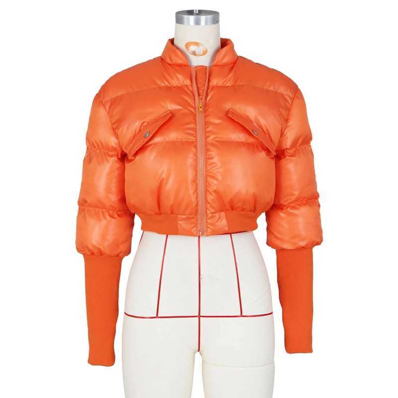 Women's Down Parkas Orange Cropped Puffer Jacket Womens 2024 Autumn/Winter Warm Long Sleve Zipper Bubble Quilted Coat Womens Lightweight Coat Y24