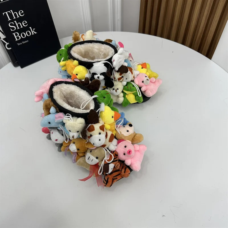 Winter snow boots childrens teddy boots covering the fluffy calf platform filled with animals with cute childrens snow boots 241018