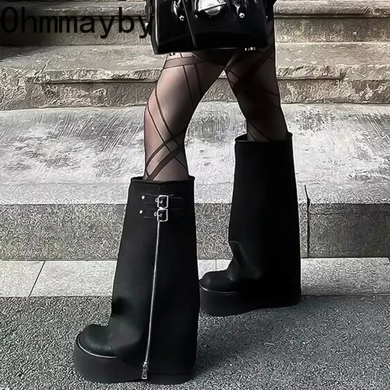 Thick womens knee high boots with fashionable buckle platform heel Trouser Knight Boots retro style womens shoes 241018