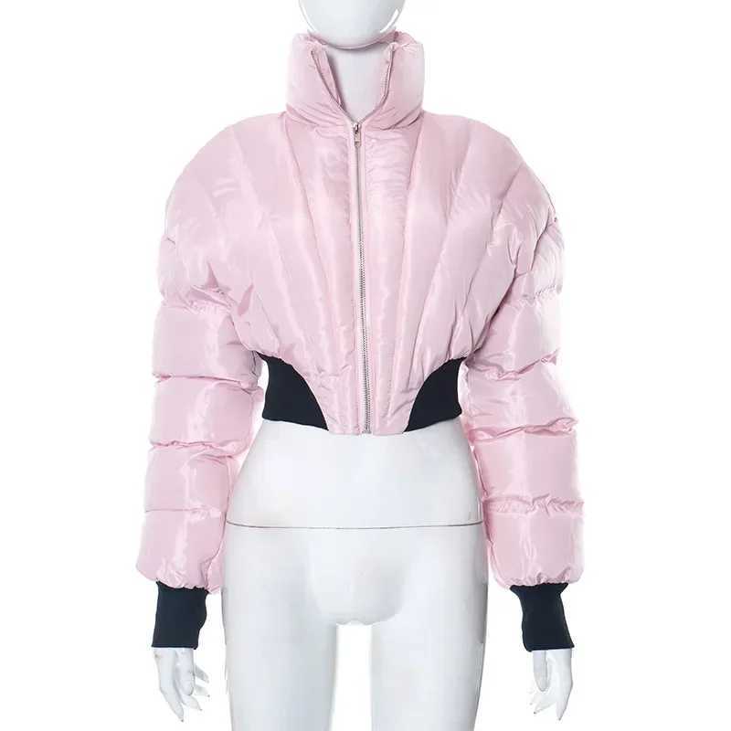 Women's Down Parkas 2024 Winter Cropped Puffer Jacket Womens Parka Patch Work Long Sleve Zipper Warm Short Coat Womens Bubble Quilted Coat Y24101
