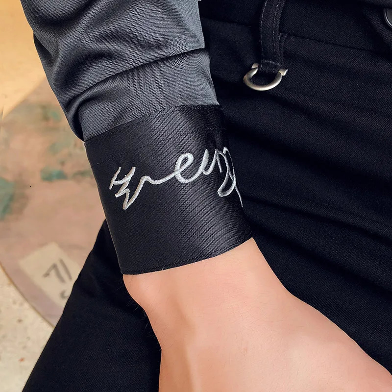 mens shirt necklace embroidered long sleeved casual ultra-thin mens dress solid color formal business social clothing top 241007