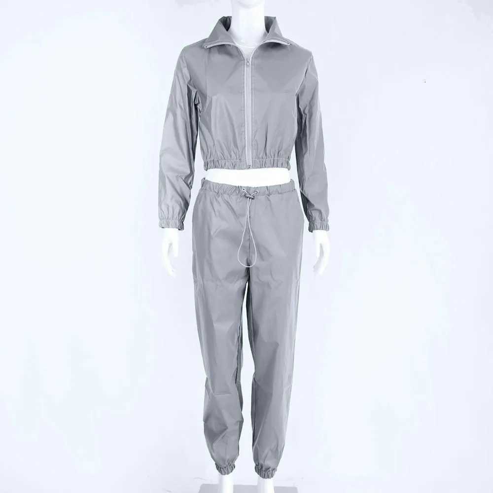 Womens Two Piece Pants Womens Track and Field Clothing 2piece Hip Hop Reflective Crop Top Fashion Womens Loose Zipper Windproof Jacket Coat Matching S