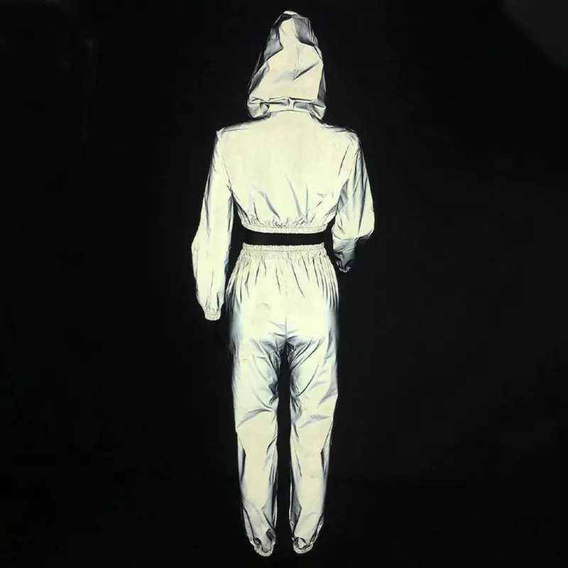 Women's Two Piece Pants Womens Reflective Set Loose Sports Wear Long Sleve Sports Shirt Reflective Hoodie Jacet Trouser Running Pants Casual Set 