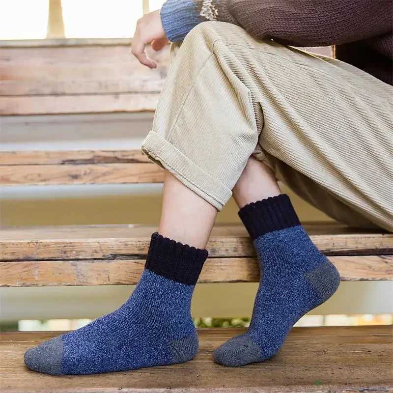 5Pairs/Mens Winter Wool Socks Super Thick Heart Socks Towel Bottom Fashion Patchwork Color Warm Snow High Quality Midtube SocksXJ241019