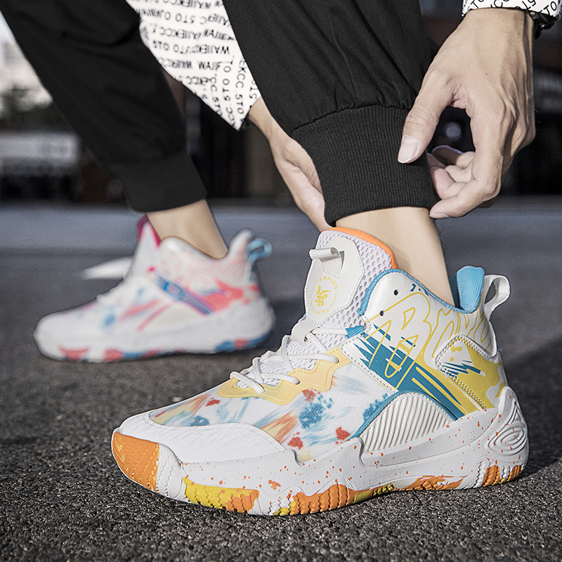 A pair of newly released mandarin duck basketball shoes, men's high top boots, sneakers, and trendy sports shoes for students on concrete ground