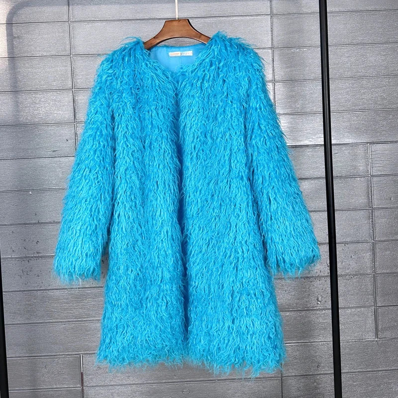 Winter Womens Fur Coat O-neck Long Coat Mongolian Woolen Leather Green Artificial Fur Fashion Winter Clothing Womens Unprinted Good Product 241018