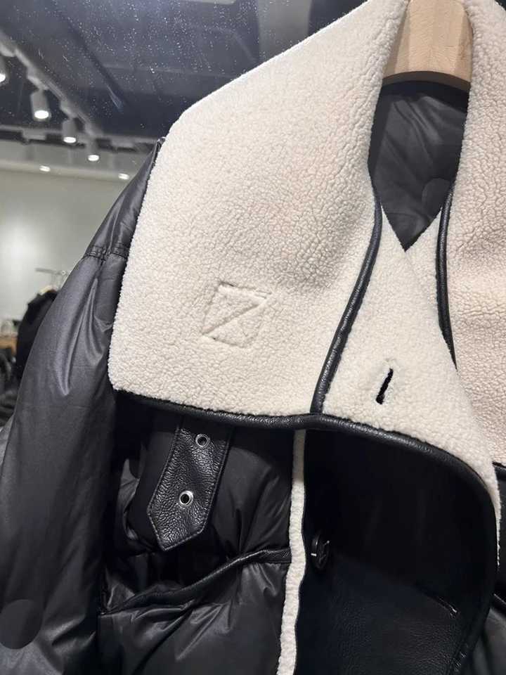 Women's Down Parkas 2024 Winter Womens Down Jacket Warm Casual Jacket Womens Puff Jacket Patchwork PU Leather Parks Korean Womens Collar Jacket Y