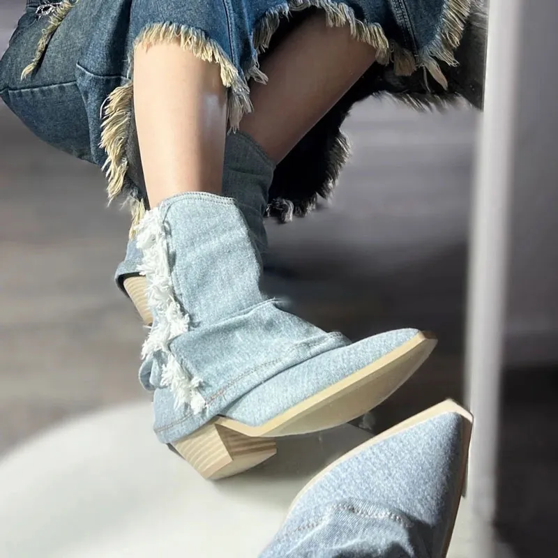 Pleats Blue Denim Thigh High For Women 2024 Spring Thick Heeled Pointed Toe Cowboy Womens Boots Slip On Western Long Boots