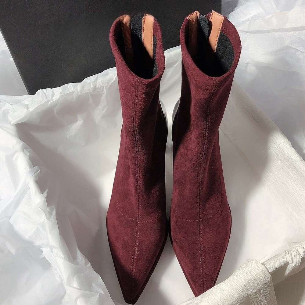 Designer High Heels Booties High Quality Waterproof Platform Solid Color Slim Boots Thick Heel Pointed Toe, Women's Boots, Back Zipper, Easy To W