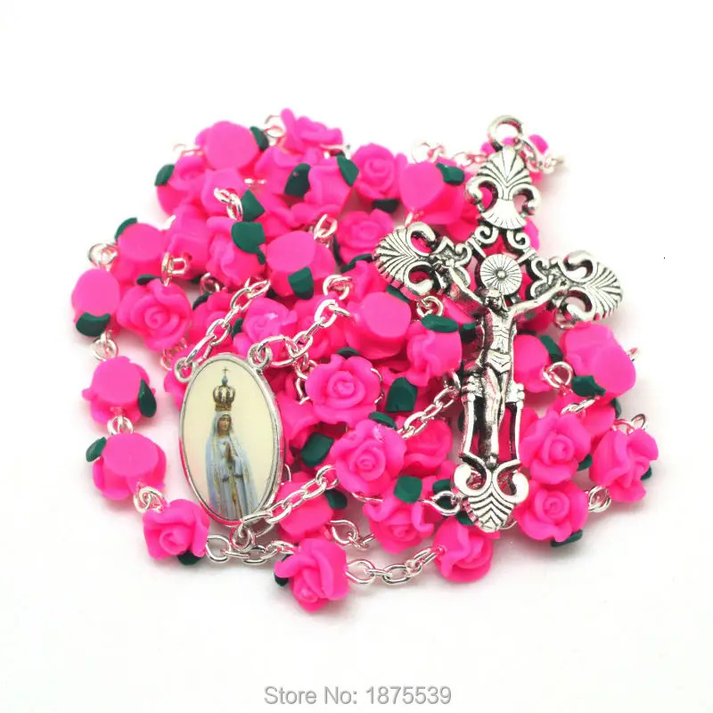 100th Anniversary Fatima Rose Pink Polymer Bead Rose Necklace 241018