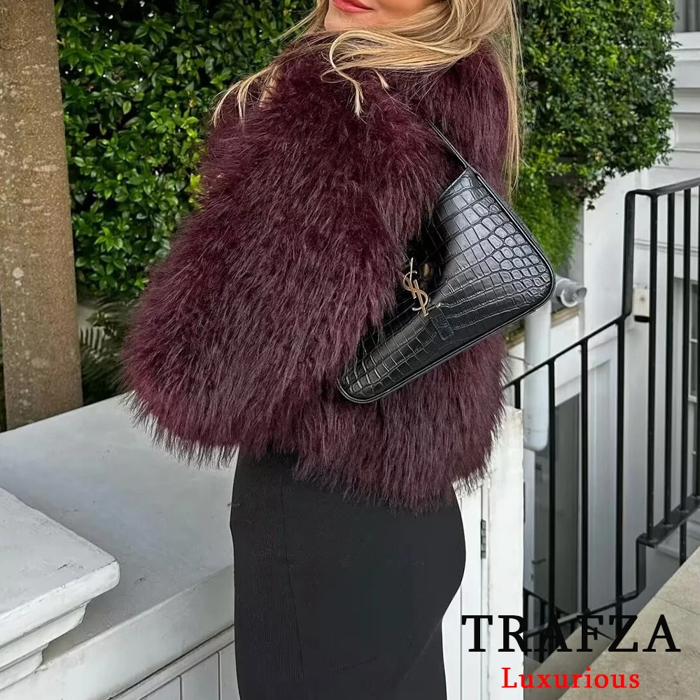 TRAFZA casual red fur jacket womens long sleeved V-neck thick autumn and winter short jacket Fahsion streetwear warm jacket 241018