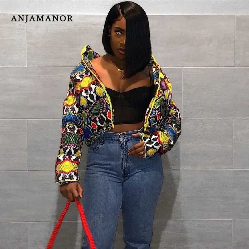 Women's Down Parkas ANJAMANOR Fashion Printed Bubble Jacket 2020 Winter Clothing Womens Parkas Zipper Cut Inflatable Jacket Clothing D30-EI40 Y24