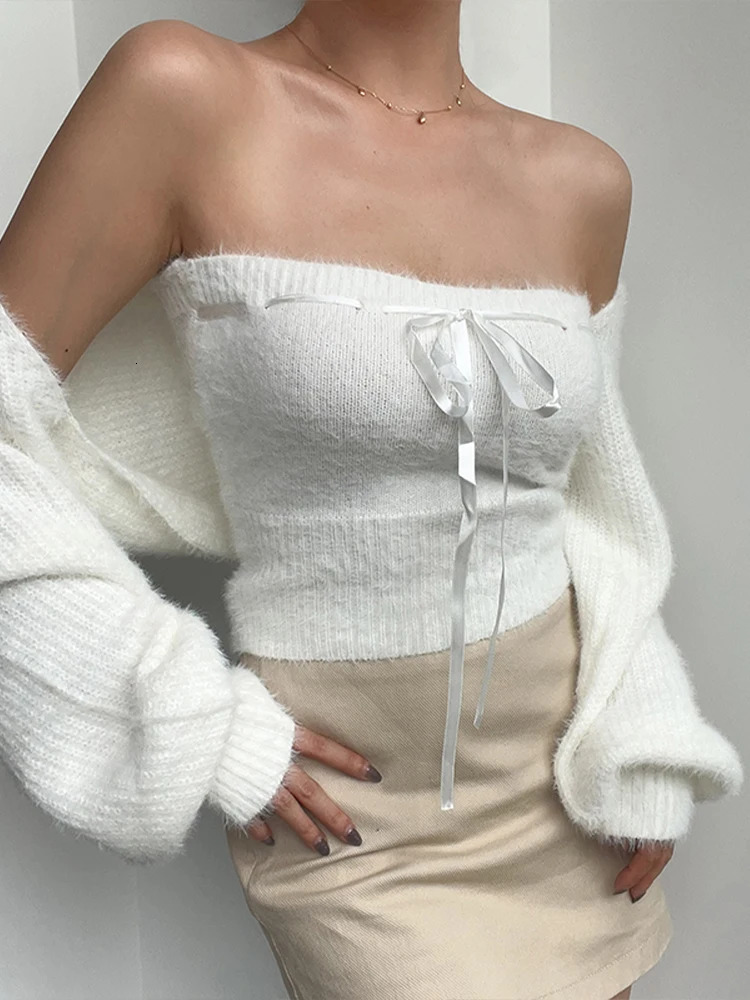 Fuzzy Knitted Bolero cardigan cardigan long sleeved with bow tie open front cut corset sweater womens Teengirl Acubi Y2K set 241019