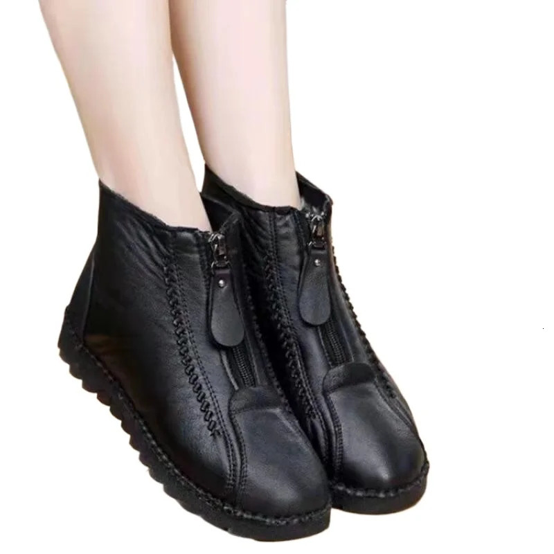 Warm Womens Boots Winter Womens Leather Shoes Zipper Ankle Womens Boots Round Toe Flat Plush Snow Ankle Boots Sports Shoes 241018