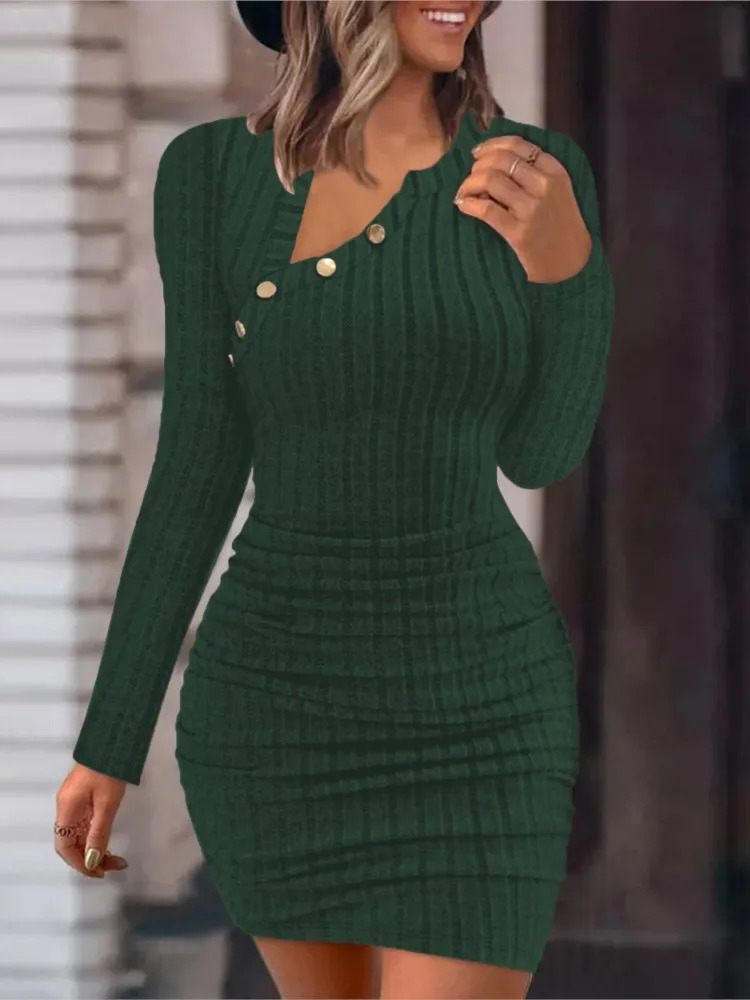 Fall/Winter Solid Color Tight Dress 2024 Elegant Long Sleeve Mini Dress Fashion Womens Round Neck Button Slimming Dress 241017