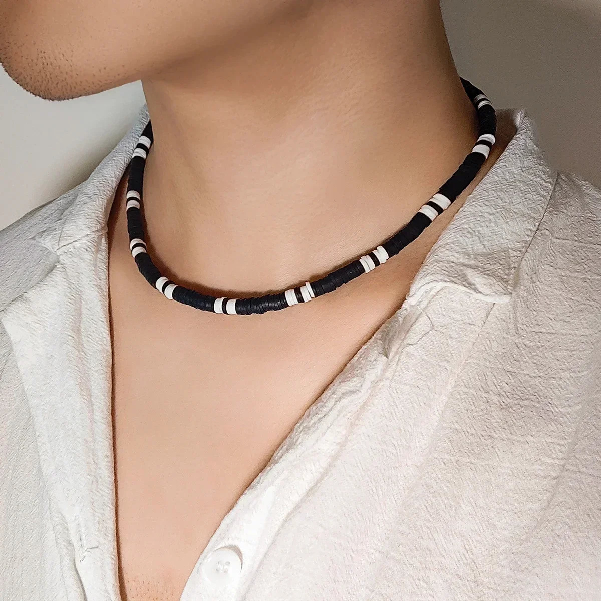 Hip hop black and white polymer clay bead mens necklace handmade necklace simple jewelry necklace boy party 241018 ww