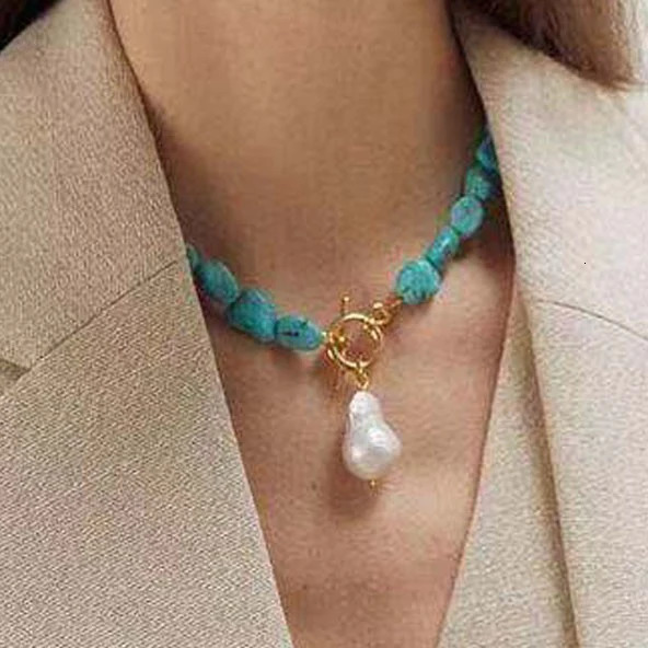Natural stone freshwater pearl pendant womens bead necklace womens handmade blue synthetic turquoise prayer jewelry 241019