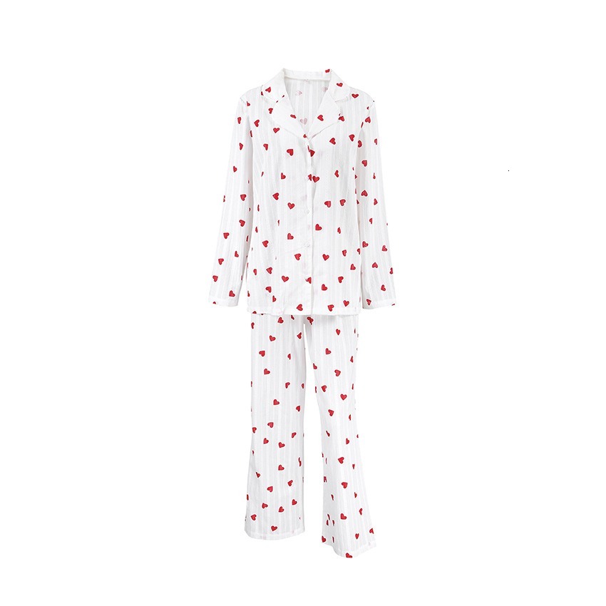 Custom wholesale fashion autumn 2024 love heart print cotton lounge wear women long sleeve pamas set