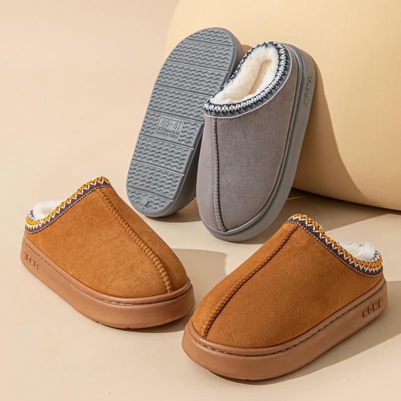 Thick soled fur cotton slippers women's shoes new suede warm snow boots winter popular casual short plush flat shoes Mule atillas