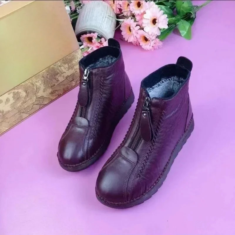 Warm Womens Boots Winter Womens Leather Shoes Zipper Ankle Womens Boots Round Toe Flat Plush Snow Ankle Boots Sports Shoes 241018
