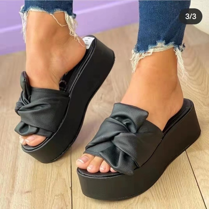 2025 New designer plus size bow flap women's shoes scarf wearing wedge slippers
