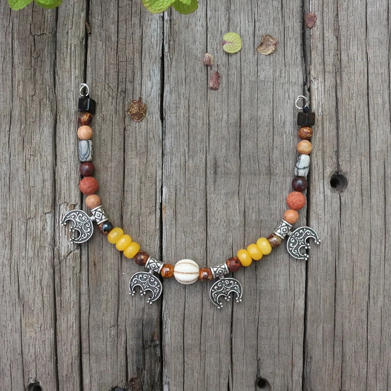 Viking ethnic jewelry moon natural stones antique agate red lava unique ceramic beads beautiful ethnic looped necklaces handmade 241018
