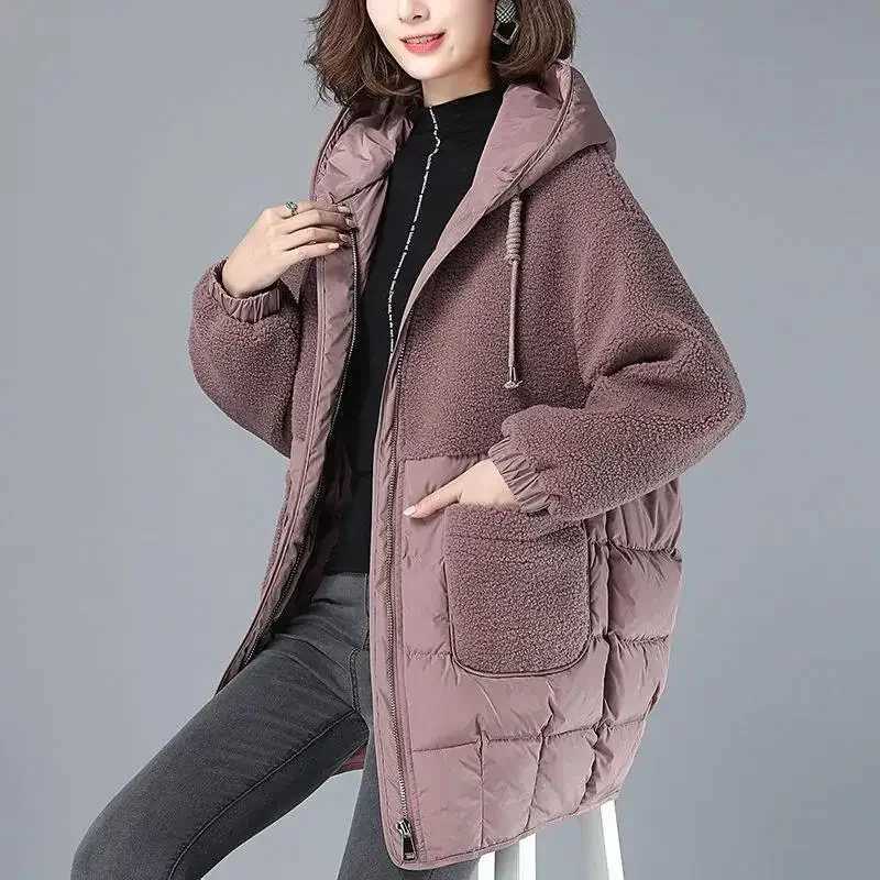 Women Padded Jackets Autumn Winter Hooded Outerwear 2024 Loose S-4XL Down Cotton Jacket Mid-Length Lamb Wool Thick Coat FemaleX241019