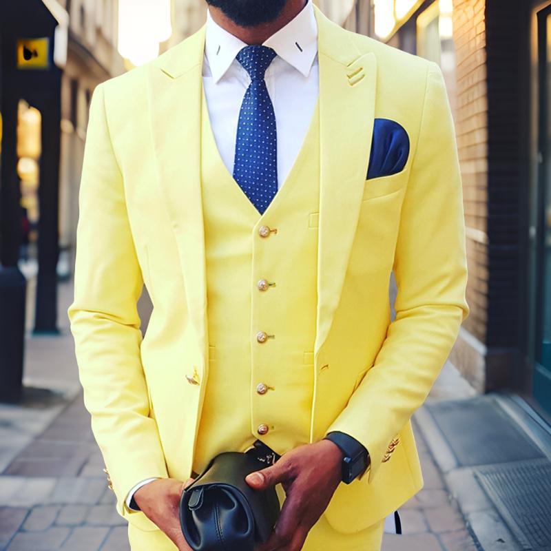 Slim Fit Yellow Men Suits for Wedding Prom Peaked Lapel Groom Tuxedo 3 Piece Custom Jacket Vest with Pants Male Fashion 2025