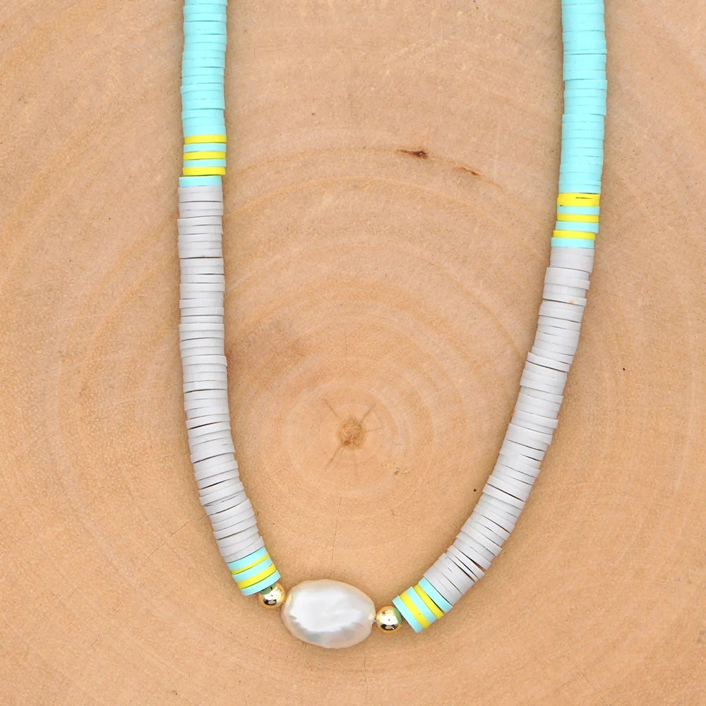 Go2Boho Vinyl Heishi Disc Beads Freshwater Pearl Polymer Clay Beads Necklace for Women Stainless Steel Chain 241018