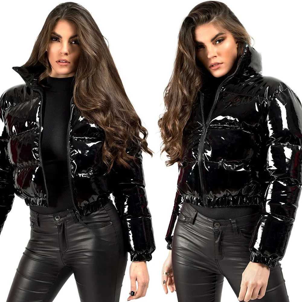 Women's Down Parkas Winter Women Shiny PU Leather Puffer Jackets Thick Cropped Parkas Down Warm Bubble Coats Cute Grey Bright Leather Parka Jacke